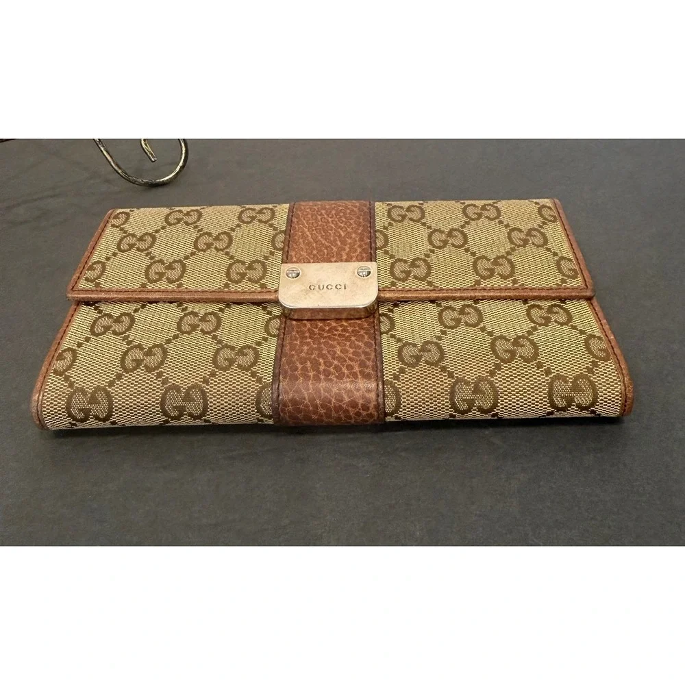 Vintage Gucci GG Monogram Leather Canvas Long Brown Continental Wallet - Picture 9 of 11